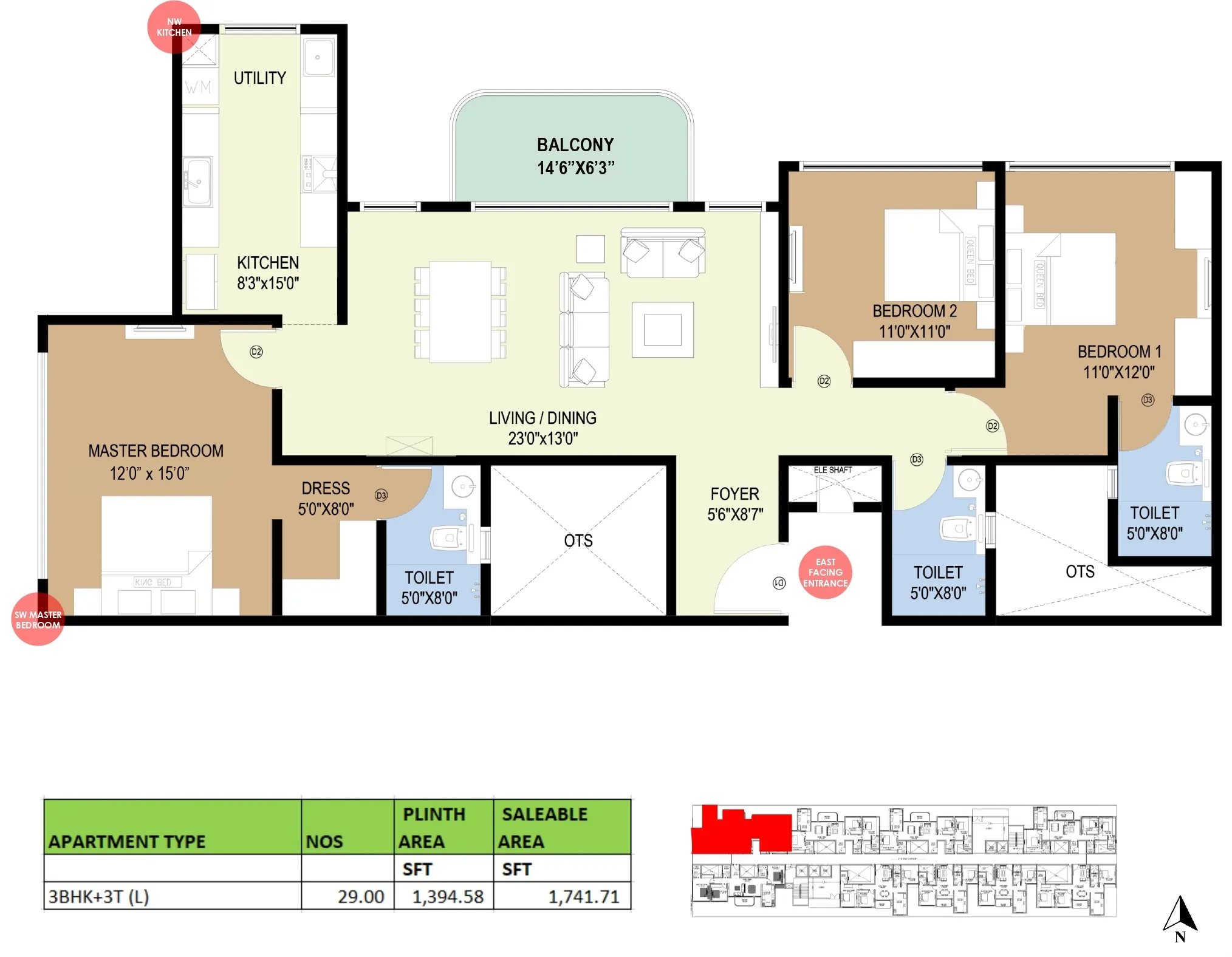 3 BHK 3T Large Floor Plan